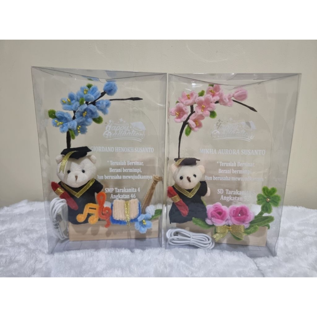 Hadiah wisuda unik, Akrilik lampu wisuda, kado wisuda, bunga kawat bulu, kado wisuda cewe, kado wisu