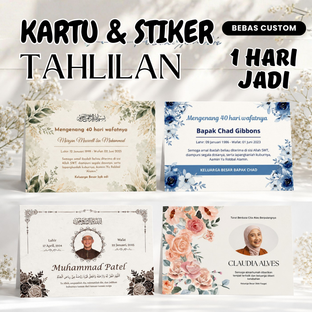 KARTU TAHLIL 40 HARI, STIKER TAHLIL 100 HARI, MENGENANG WAFATNYA, KARTU BESEK TAHLILAN CUSTOM