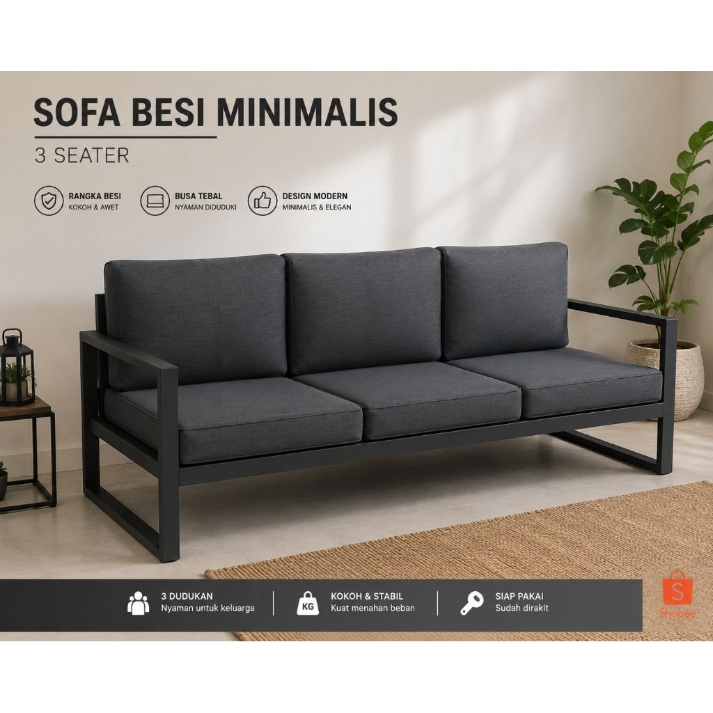 kursi sofa rangka besi hollow 3 seater minimalis modern elegan kokoh