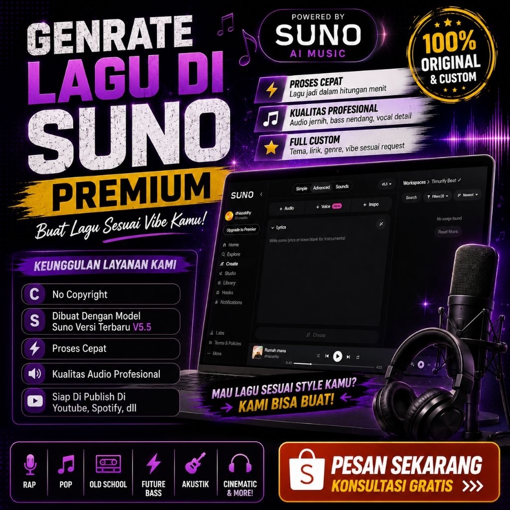 Suno AI Premium V5.5 - Generate Lirik Lagu & Instrument Dengan Suno AI