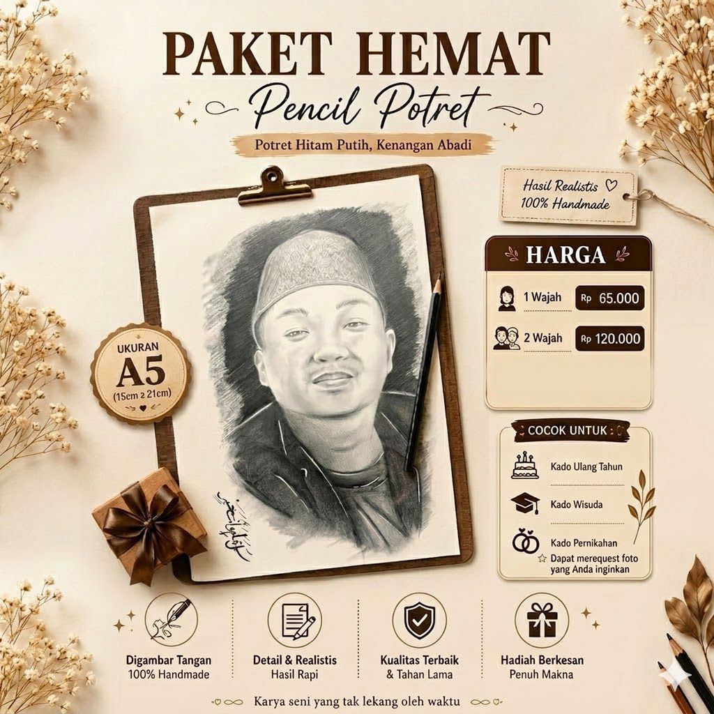 Jasa Lukis Wajah Sketsa Pensil Realistis A5/A4/A3 asli buatan tangan untuk kado orang tersayang.