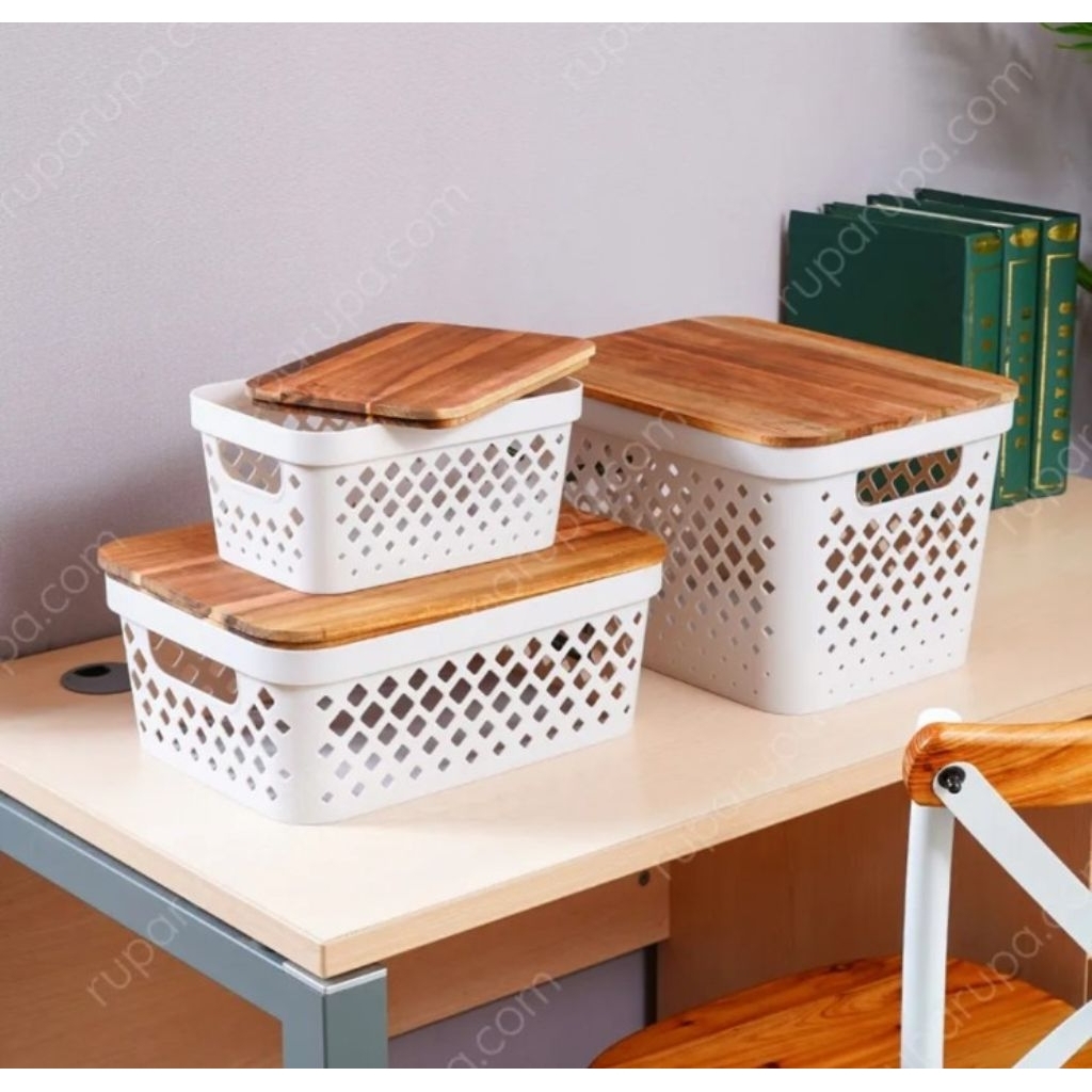 storage box kotak penyimpanan organizer box putih dengan tutup kayu