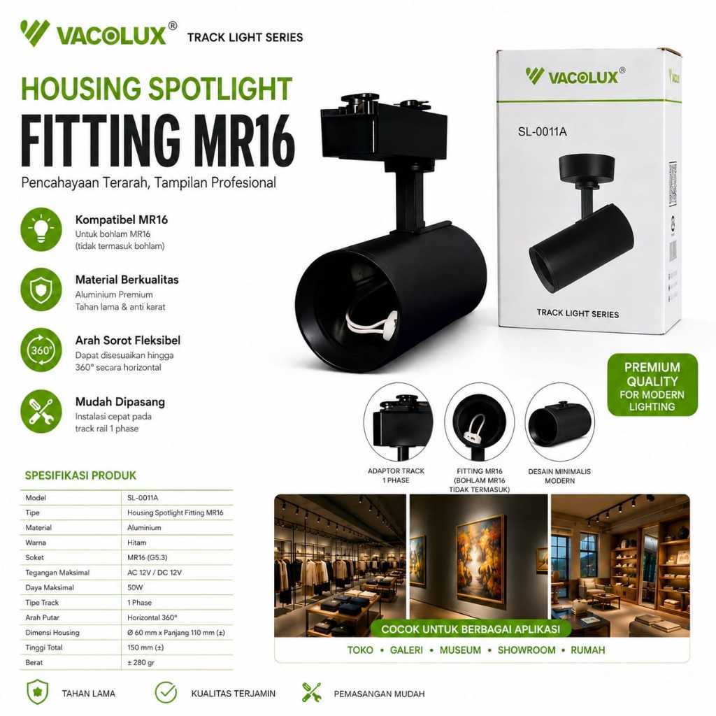 VACOLUX SL-0011A SPOTLIGHT MR16 HOUSING REL, SPOTLIGHT REL HITAM MR16