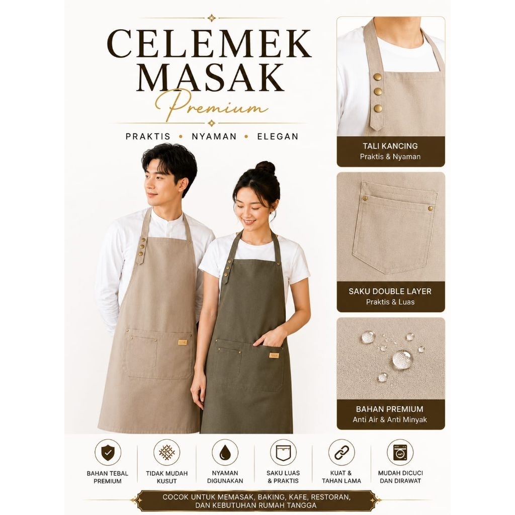 Celemek Masak Premium Waterproof Polos Pria Wanita Apron Dapur Cafe Barista Restoran Tebal Kekinian