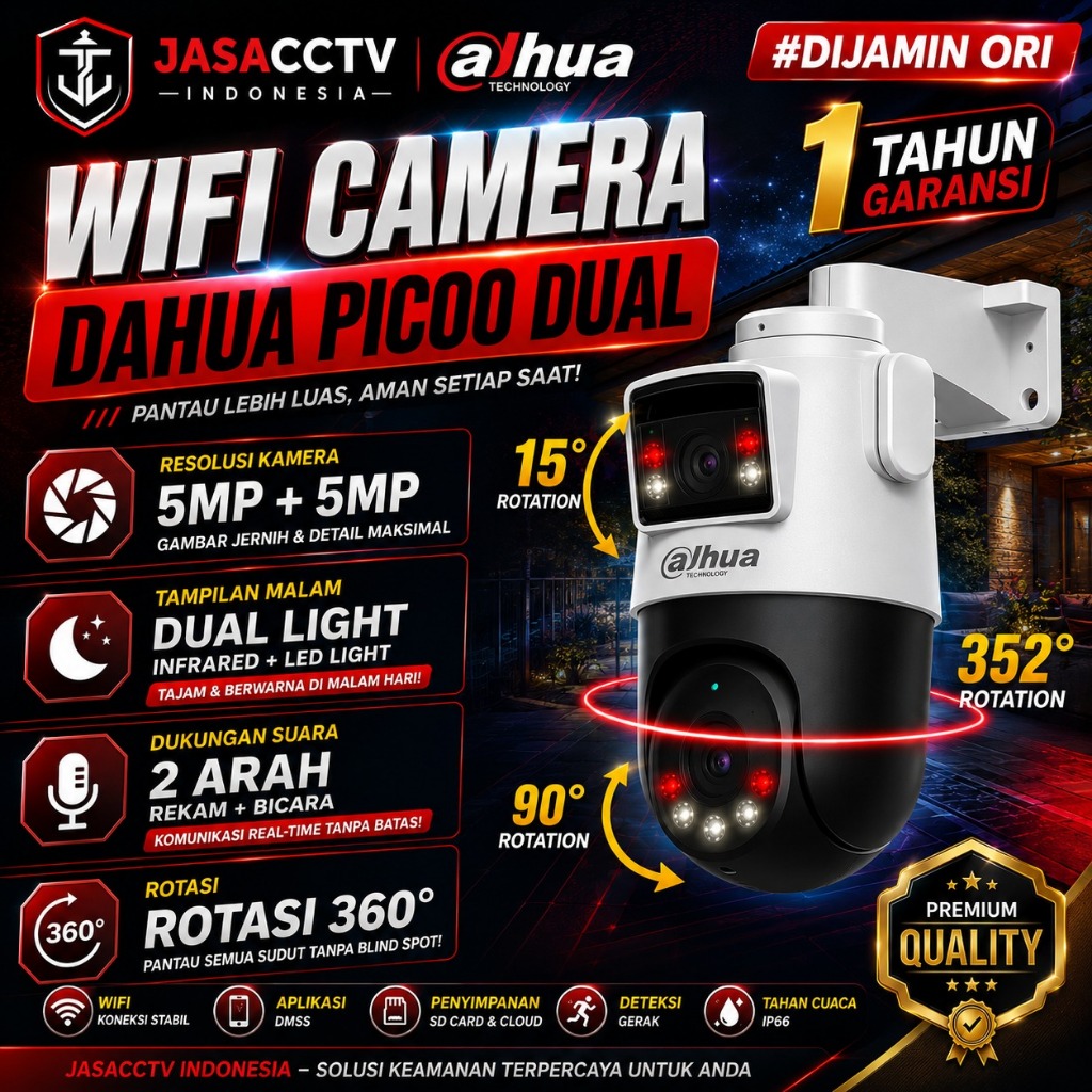 CCTV WIFI OUTDOOR ROTASI DUAL LENS DAHUA PICOO 5MP KAMERA CCTV PINTAR BERSUARA BERWARNA