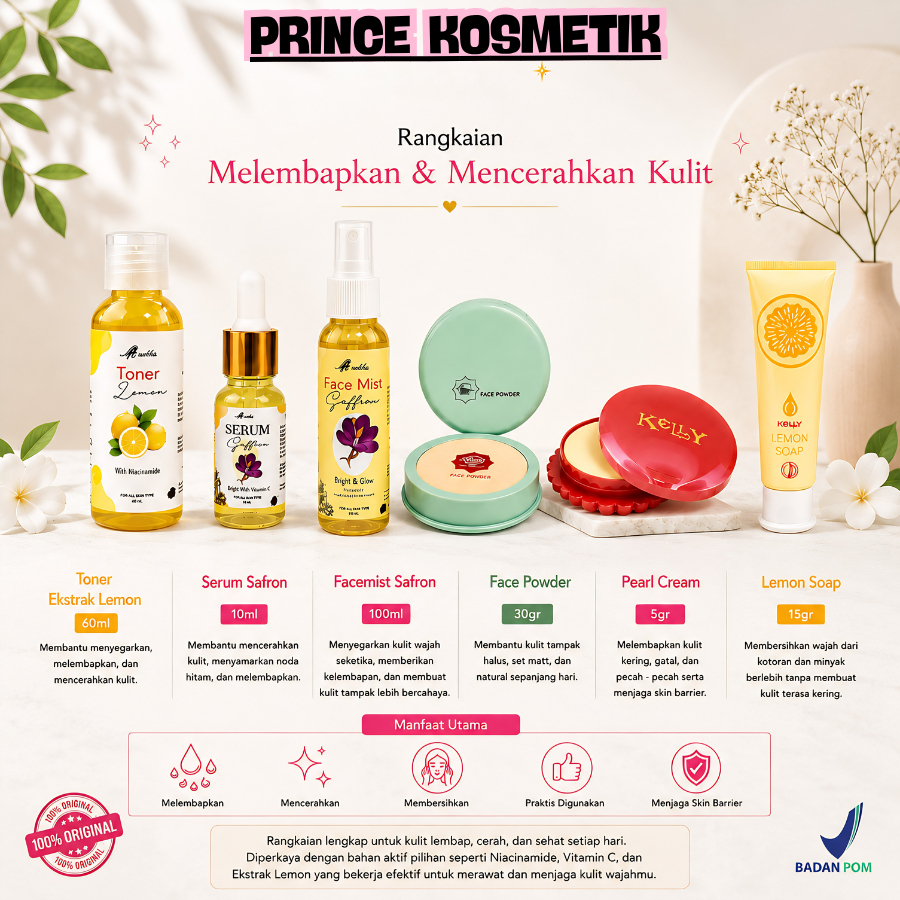 Paket Komplit Skincare Kelly + Saffron 6in1 | Cream 5gr, Sabun 15gr, Bedak 30gr, Toner, Serum, Face 