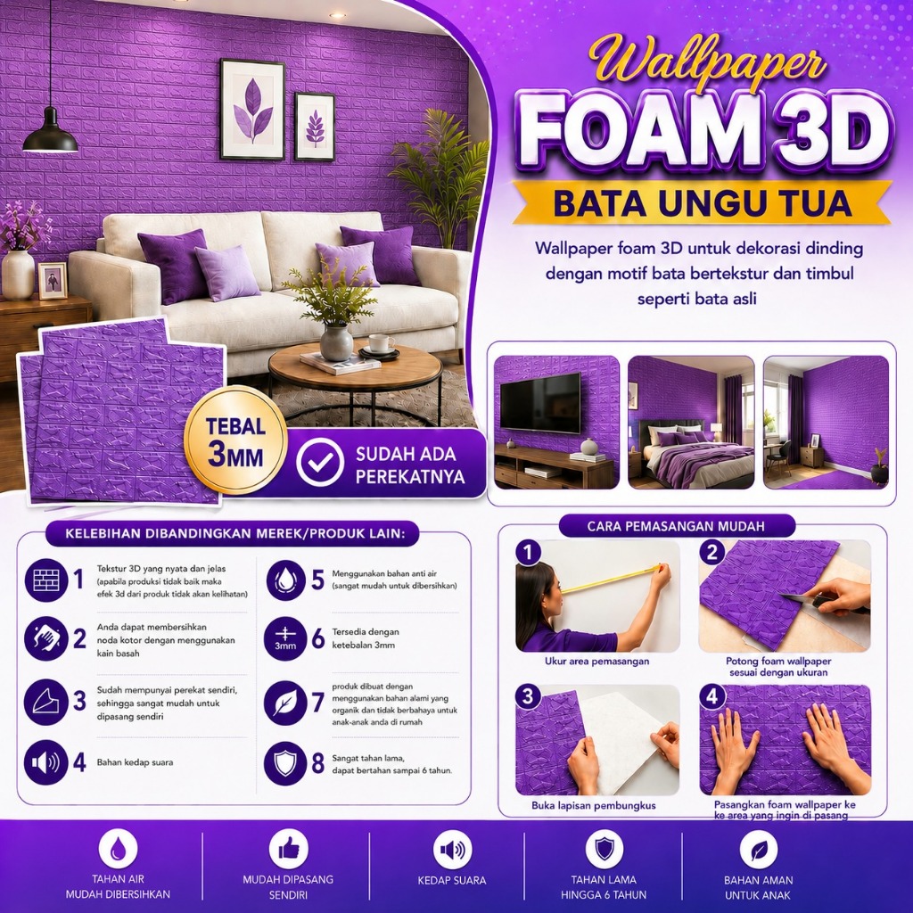 KM Wallpaper Foam 3D Bata Warna Ungu Tua Premium Wall Paper Sticker Wallpaper Foam Bata Stiker