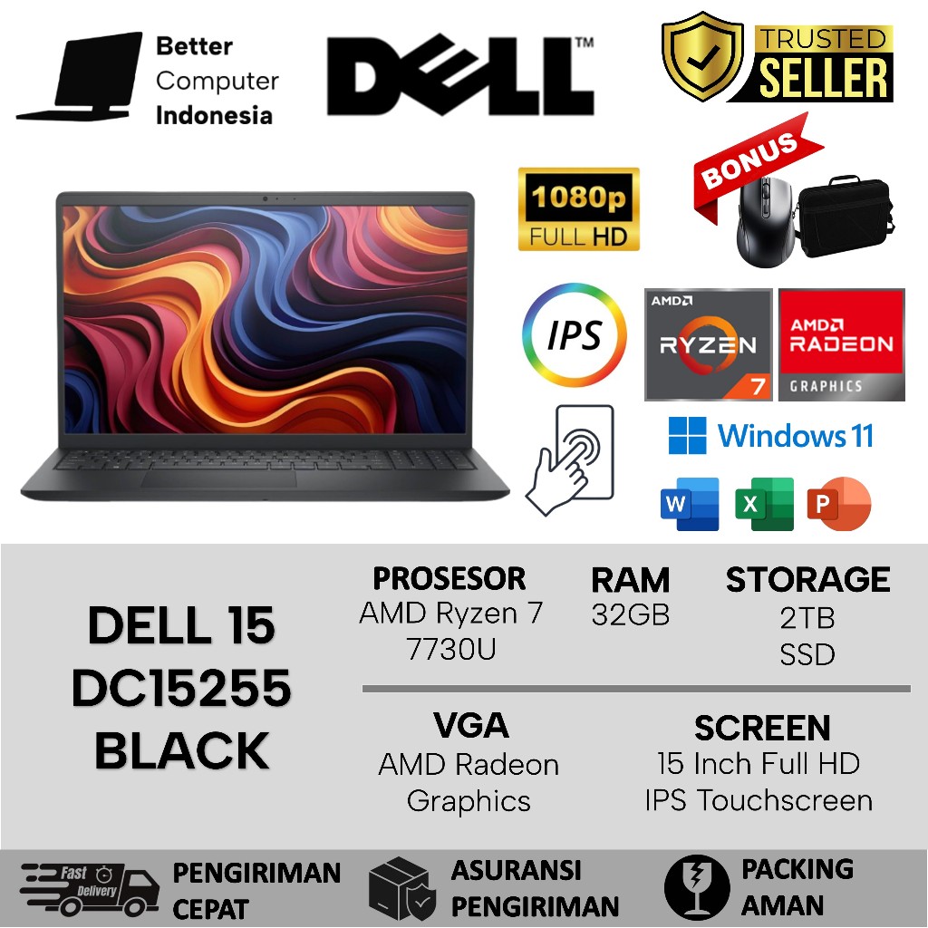 Laptop Dell 15 DC15255 Touchscreen AMD Ryzen 7 32GB 2TB Full HD IPS Windows 11 Black