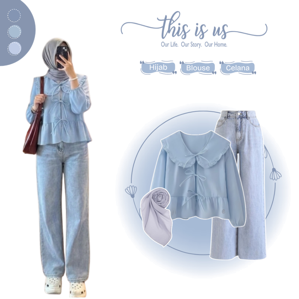 One Set 3in1 Kekinian | OOTD Hang out | Blouse + Celana + Hijab | Setelan Wanita Look - CM264N
