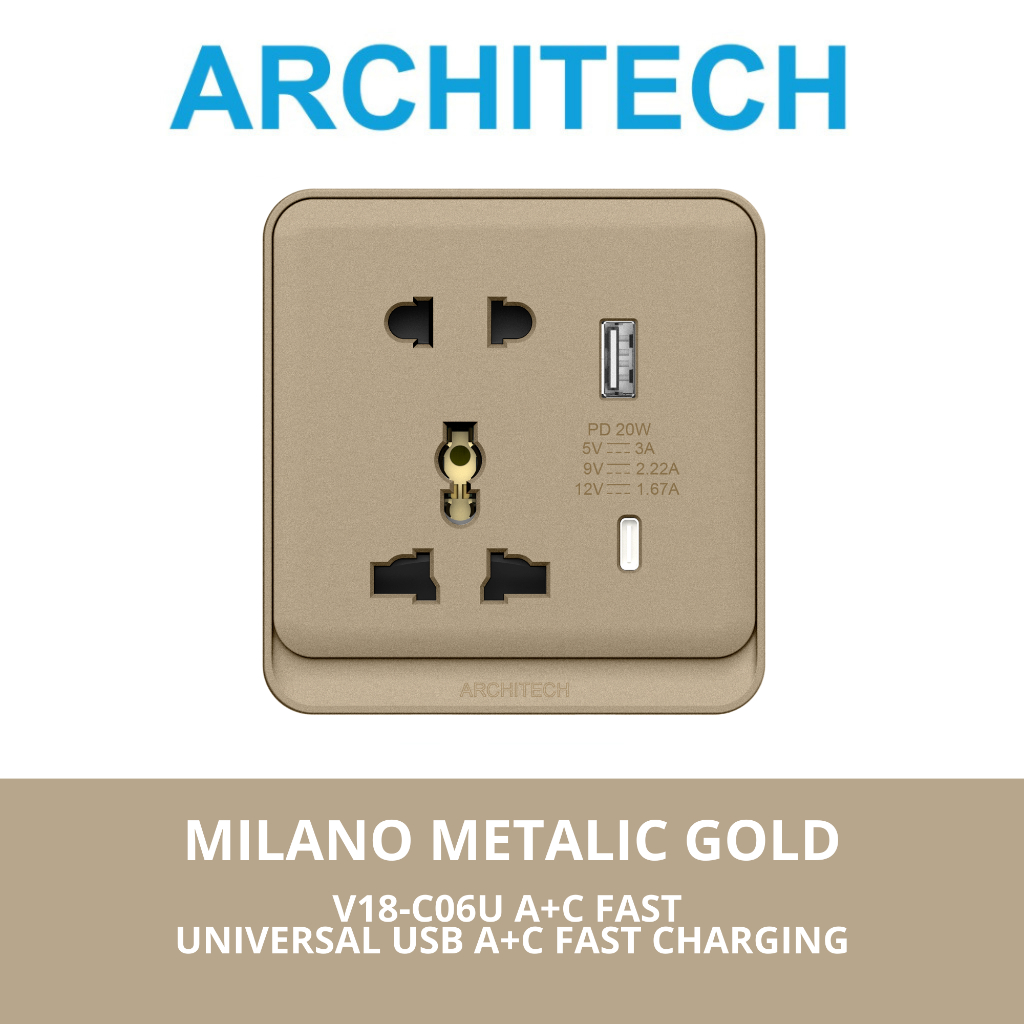 ARCHITECH MILANO METALIC GOLD V18-C06U A+CFAST Stop Kontak - Colokan Universal USB A+CFAST CHARGER