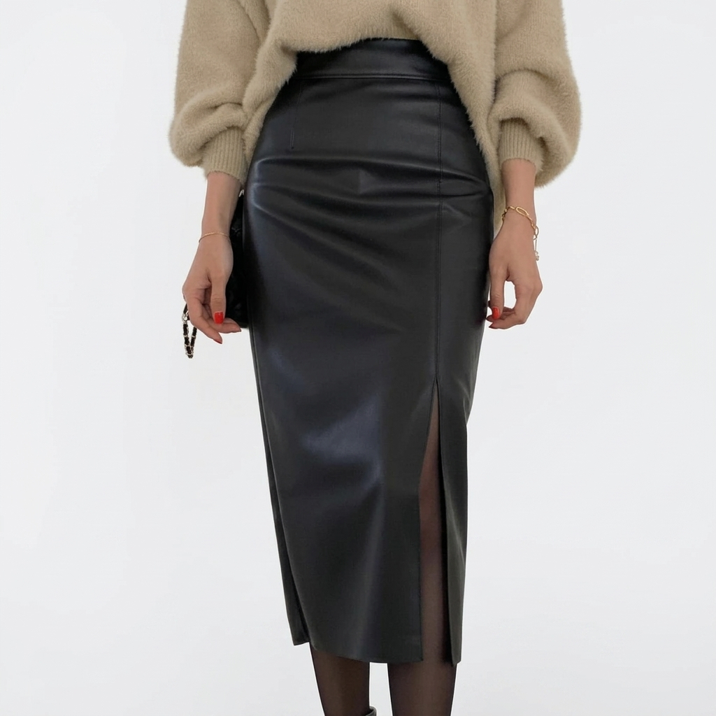 Shouleather - Rok Span Kulit Pensil Hitam Panjang Musim Gugur Wanita