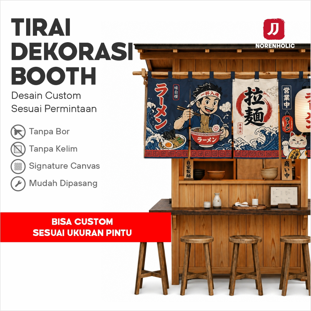 Gorden Dekorasi Booth Stand Makanan Minuman Minimalis | Tirai Jepang Noren Custom Logo