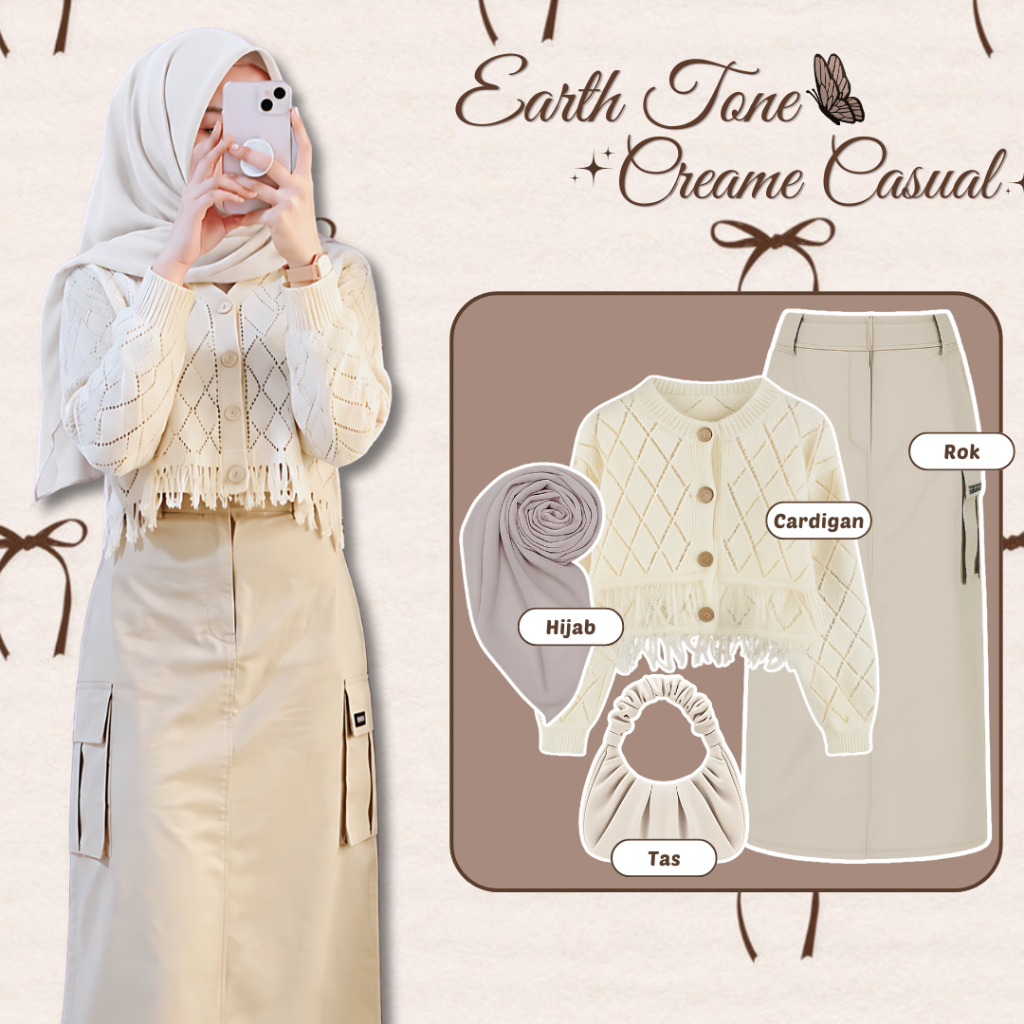One Set 3IN1 - Cardigan Rajut Crop + Rok Cargo Span + Jilbab Bela Square - Outfit Remaja Korean Styl