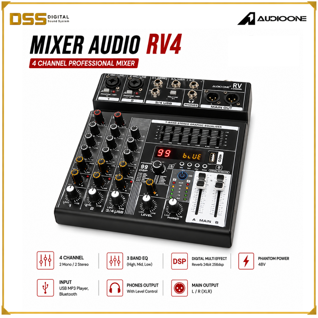 Mixer 4 Channel Audio One RV USB Bluetooth Reverb Digital Phantom Power 48V I DSS