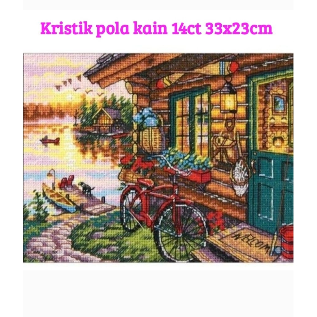 paket kristik pemandangan sunset cabin sea pola kain cross stitch 14ct