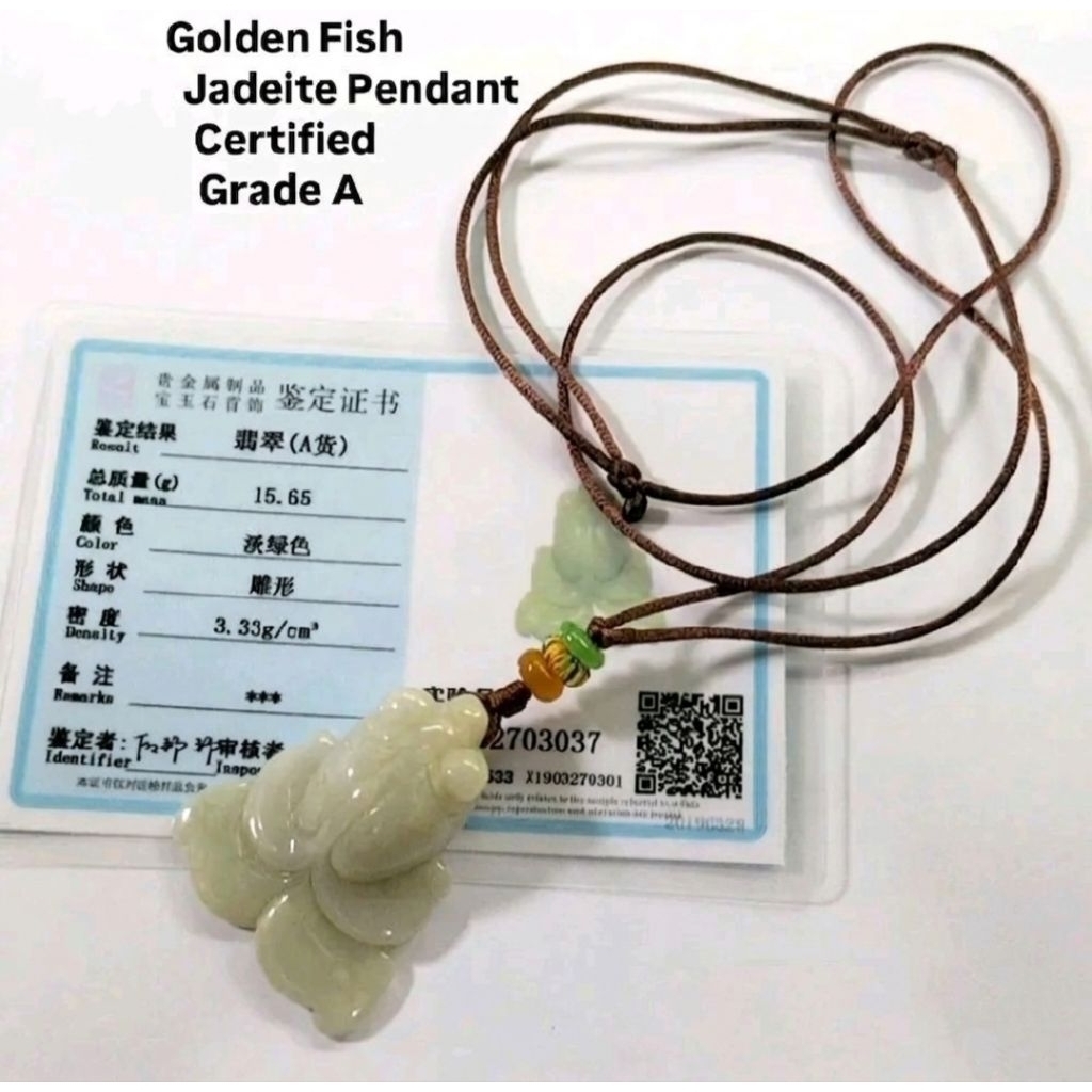 Liontin Giok Ikan Mas 100% Burma Jadeite Natural Asli Grade A Bersertifikat 3037