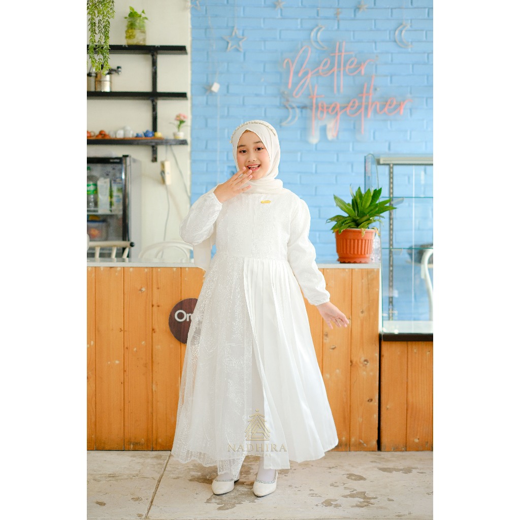 Gamis Anak Putih Usia 3-10 Tahun Manasik Haji Bahan Crep Kombinasi Brukat Tille || BY. N A D H I R A