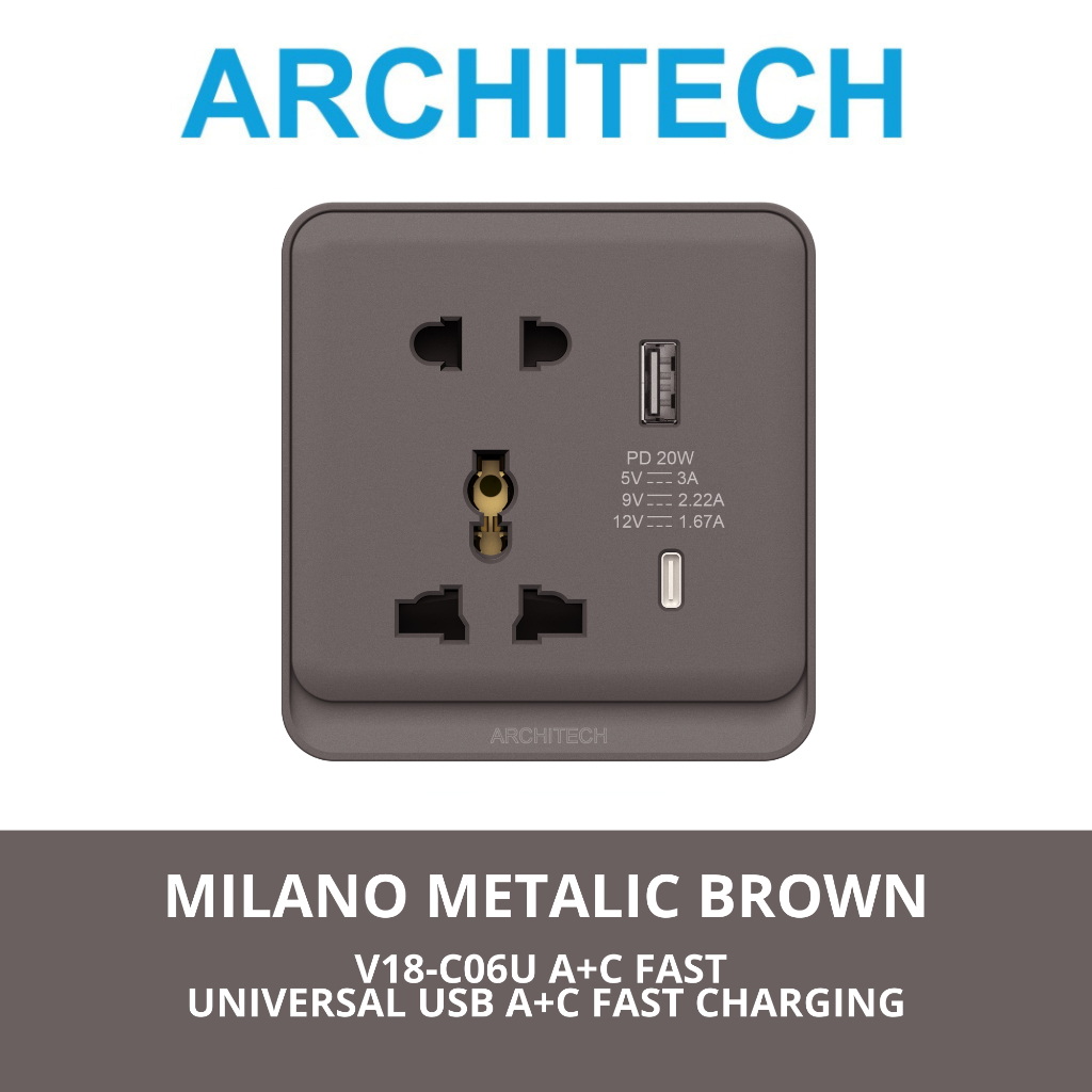 ARCHITECH MILANO METALIC BROWN V18-C06U A+CFAST Stop Kontak - Colokan Universal USB A+CFAST CHARGER