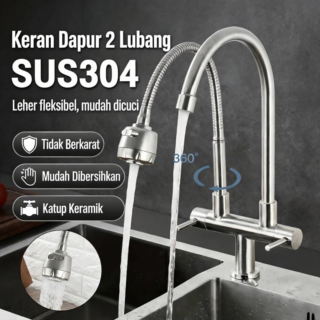 Keran Dapur Fleksibel dengan Leher Angsa Fleksibel 1/2 - 360° Rotasi Keran Dapur Angsa Fleksibel Kra