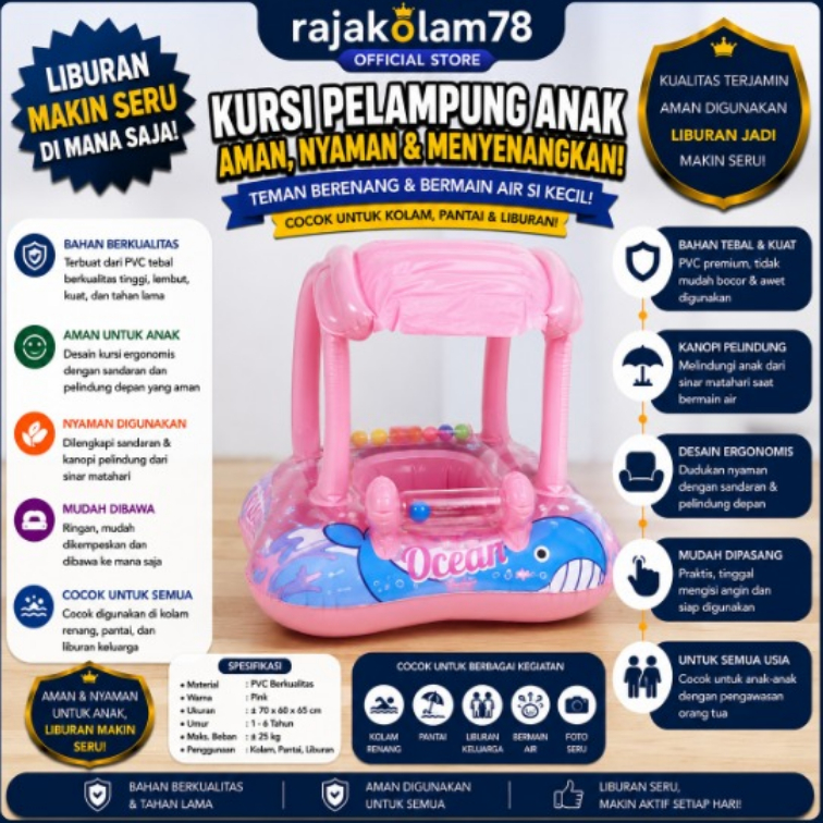 Pelampung Renang Anak Lucu Motif Tirai Kiddie Float Bahan Eco PVC Motif Tutup Kepala Anti Slip dan T