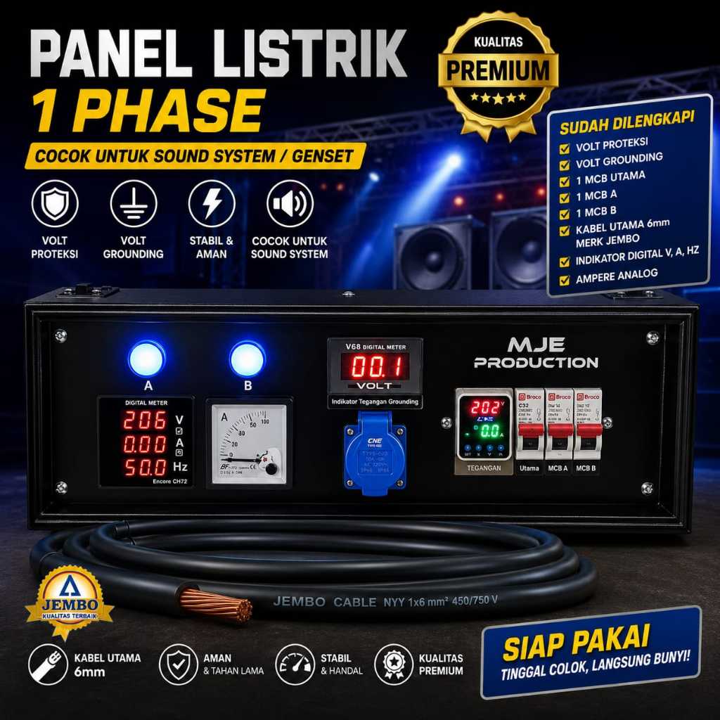 Panel Listrik 1 Phase Premium Sound System, Genset Volt Proteksi + Grounding + Digital Meter Lengkap