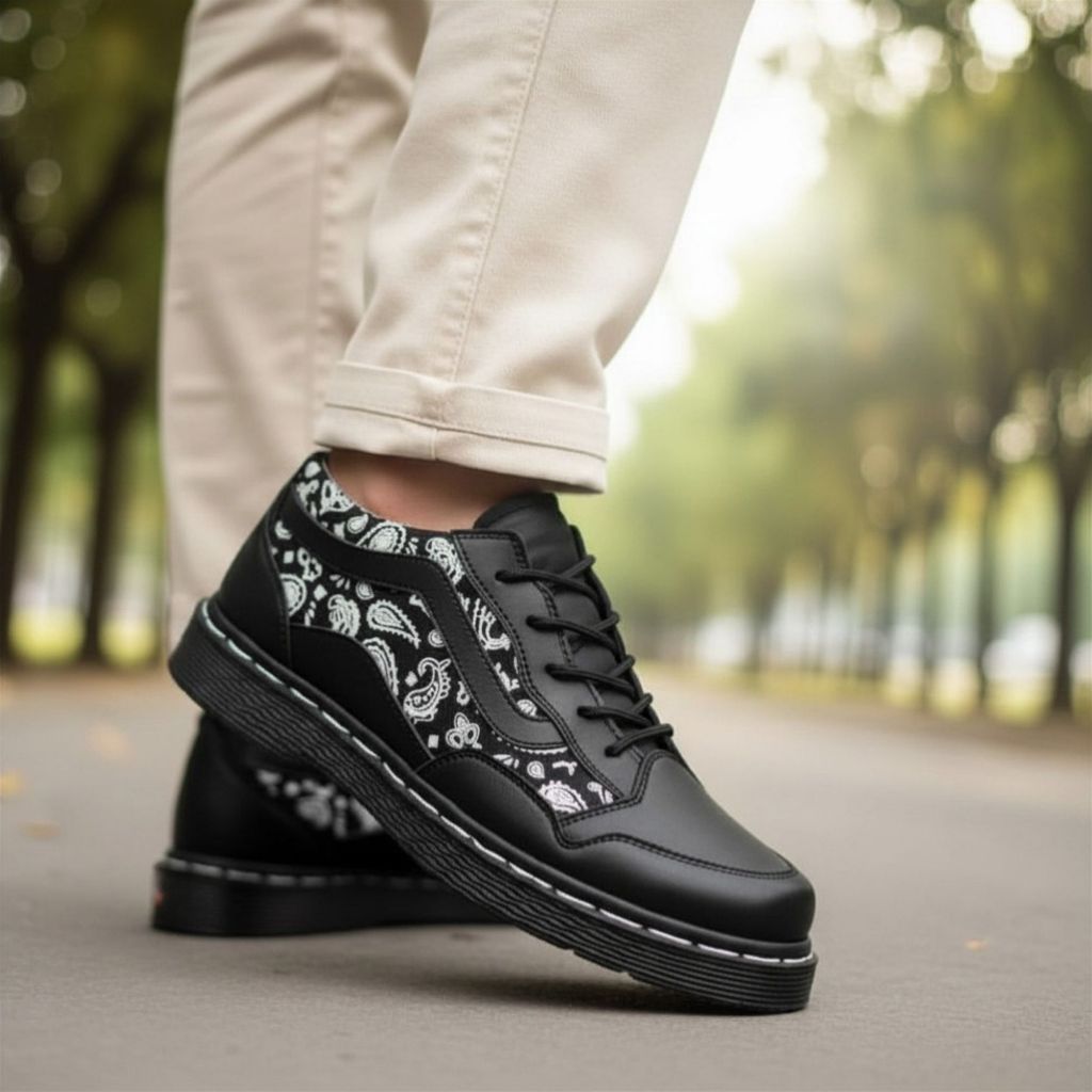 Sepatu Sneakers Tali Skaters Pria Semikulit Kasual