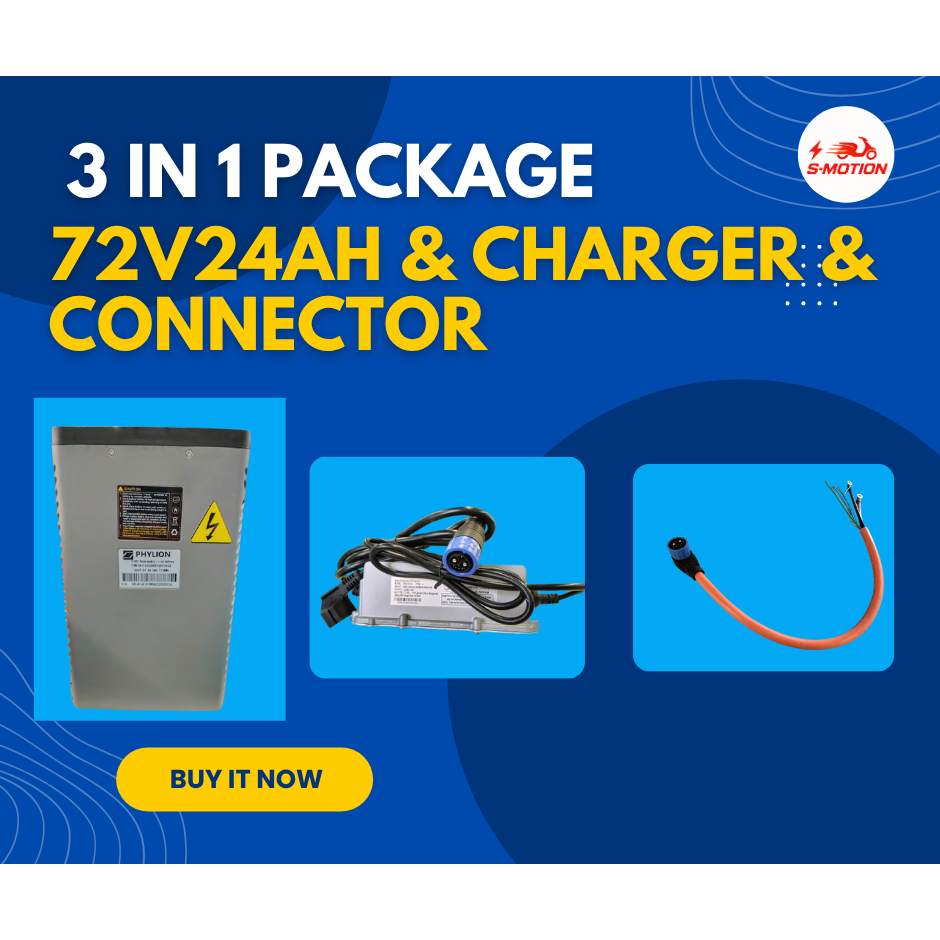 Package 3 in 1 — Baterai Lithium Phylion 72V24Ah-E + Charger & Connector