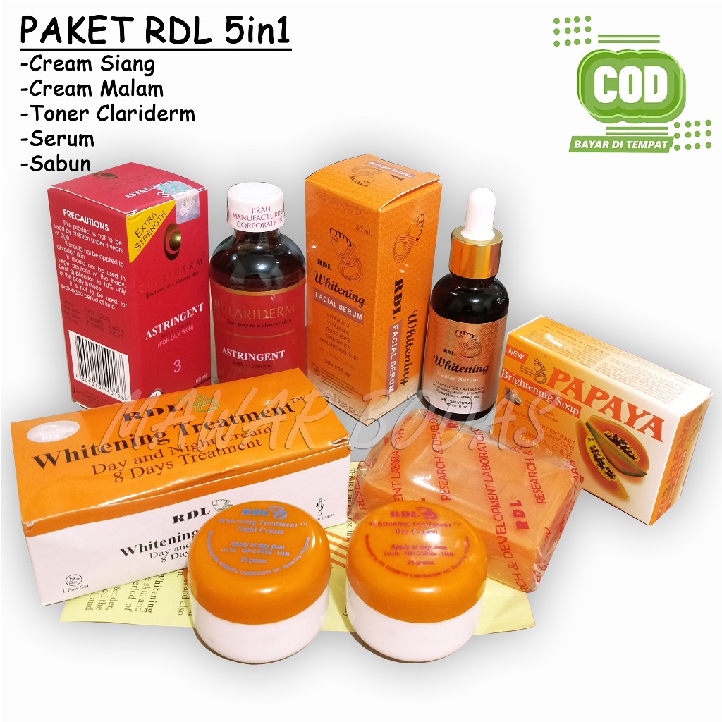 Paket RDL 5IN1 Cream Siang Malam Sabun Papaya Serum dan Toner Clariderm