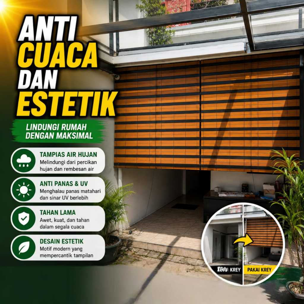 Tirai PVC Krey Gulung Outdoor Anti Air Anti Panas Penutup Teras Garasi Bisa Custom Ukuran