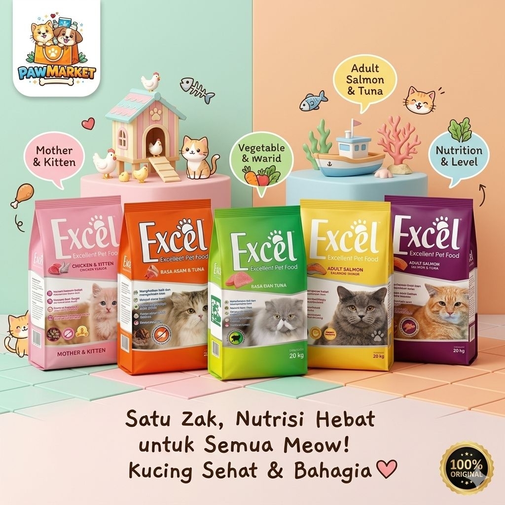 Makanan Kucing Kering Excel 1 Sak 20 Kg Dry Food Nutrisi Lengkap, Sehat Pencernaan, Bulu Indah
