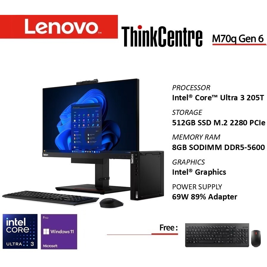 Lenovo PC ThinkCentre M70q Gen 6 Core Ultra 3 205T 16GB 512GB Win11Pro Include Asuransi