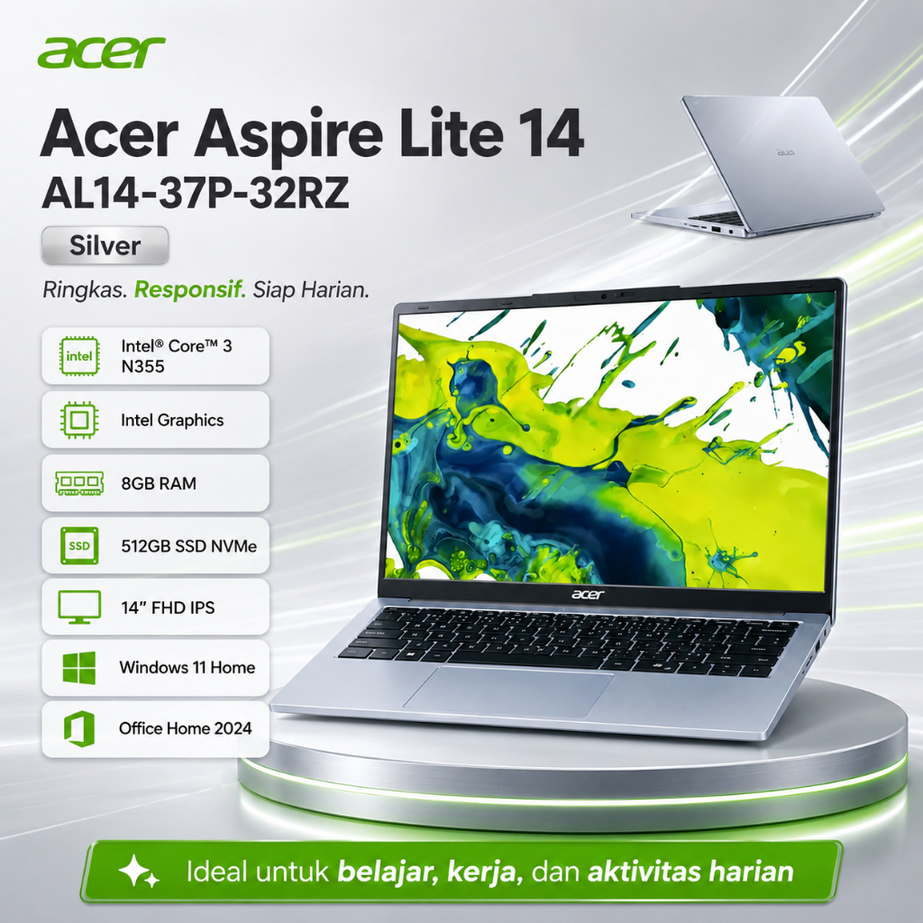 Laptop Acer Aspire Lite 14 AL14 - 37P - 32RZ Intel Core 3 N355 RAM 8GB DDR4 SSD 512GB Windows 11 Off
