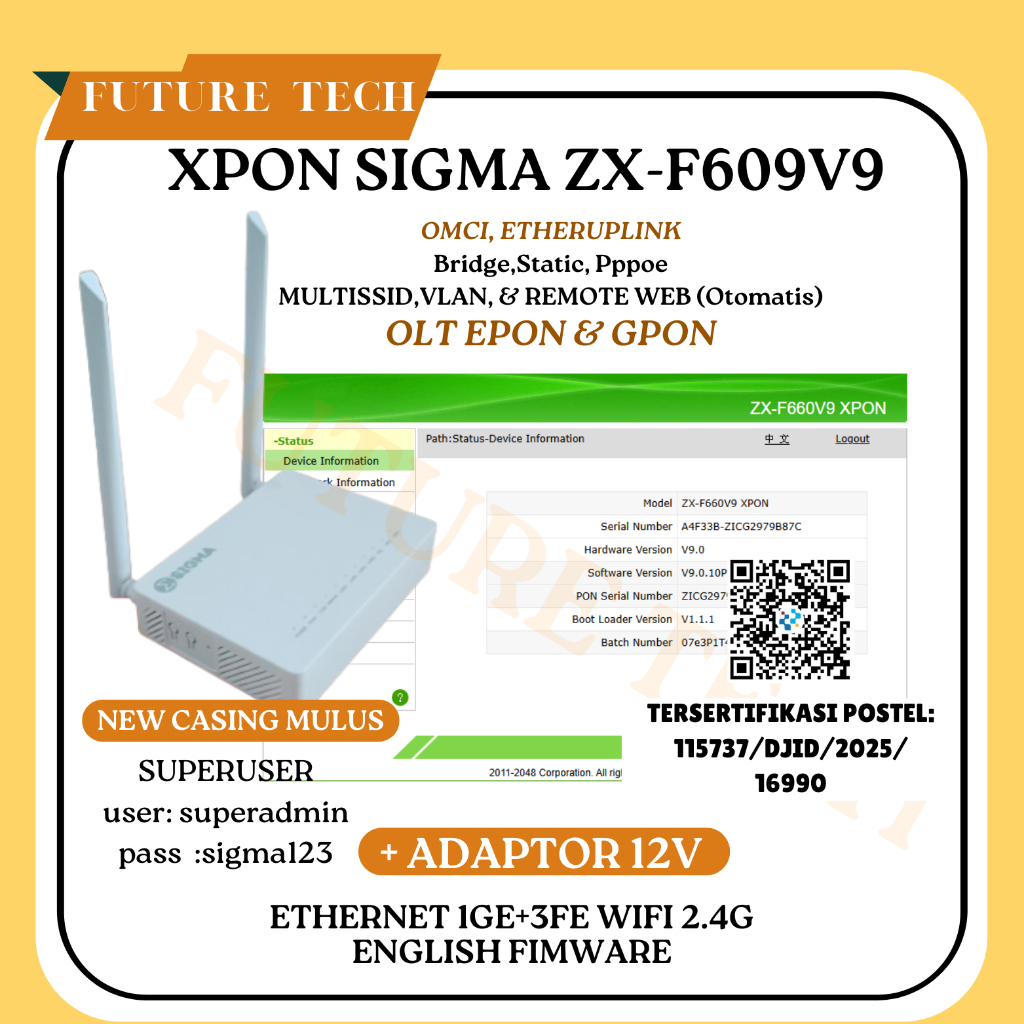 XPON EPON GPON ONU ZX-F609V9 OMCI DENGAN ADAPTOR