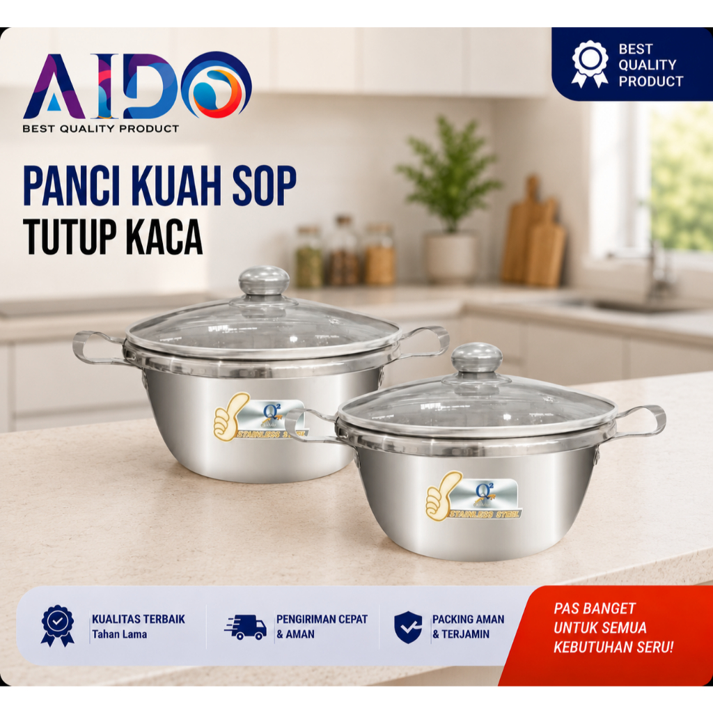 Panci Kuah Sop Sup Mpasi Stainless 18cm 20cm 22cm Panci Sup Soup Pot Tutup Kaca