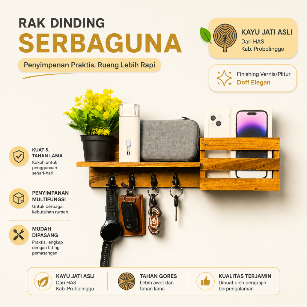 Rak Multifungsi Jati Asli Serbaguna Plitur Doff Elegan| Rak Dinding Estetik untuk Dapur, Kamar & Kos