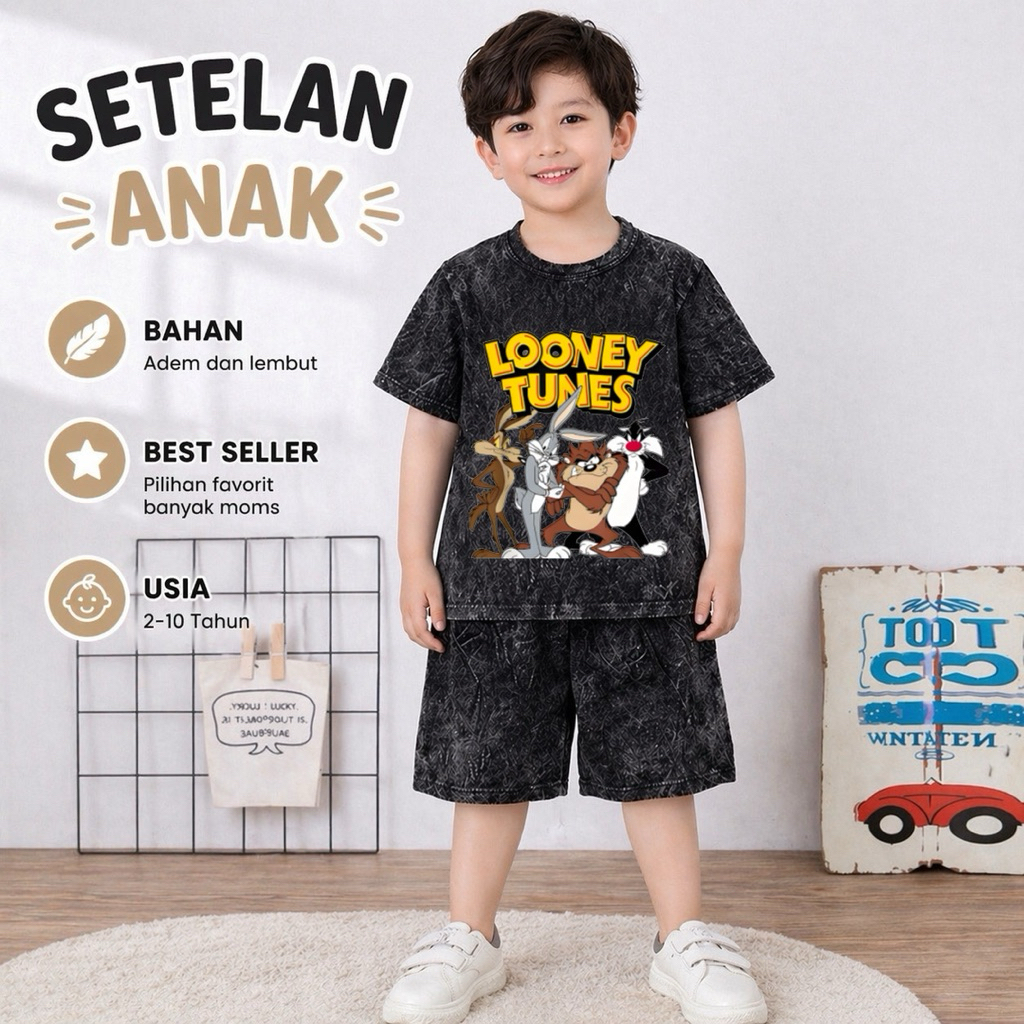 Setelan Anak Celana Pendek Looney Tunes Usia 2-10 Tahun