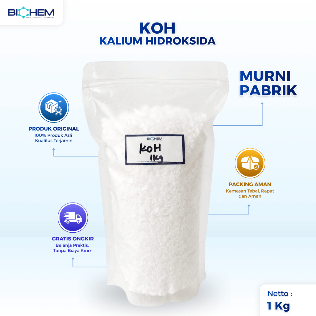 KOH Flakes 90% Kalium Hidroksida UNID Korea – Bahan Sabun Cair, Deterjen, Biodiesel