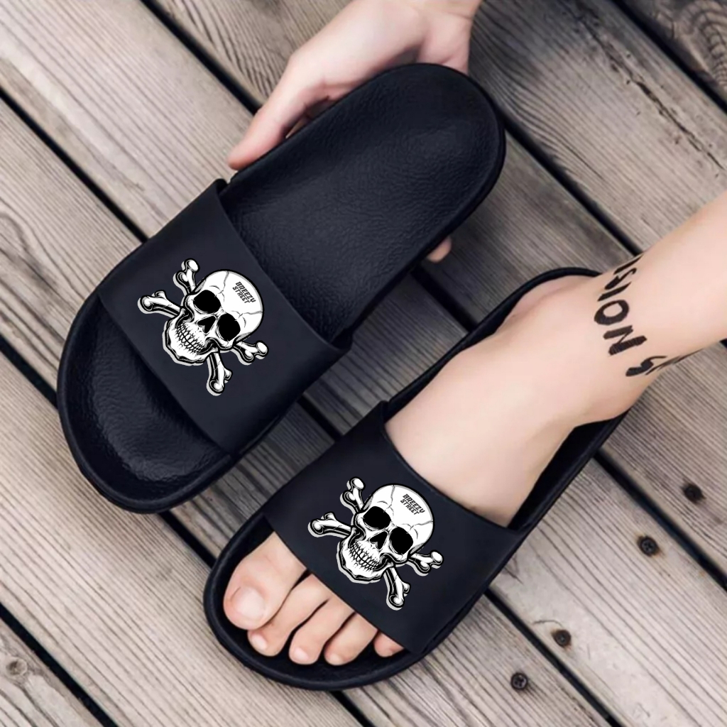Sandal Slop Motif Skull Series Sandal Slide Pria Wanita Sandal Selop Karet Upper Tanpa Lem