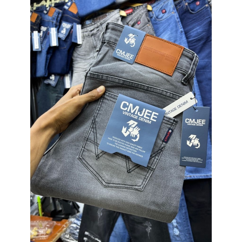 Cmjee Vintage Denim Shokneckhad Celana Panjang Jeans Whasing 3D Crinkel Slimfit Stretch Pria Dewasa 