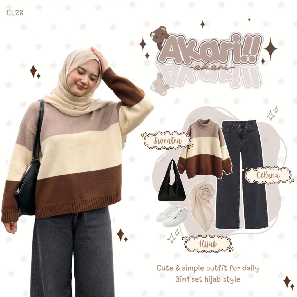 One Set 3in1 Remaja Kekinian - Hijab - Jeans - Sweater - Set Korean Style OOTD Remaja Hangout - CL28