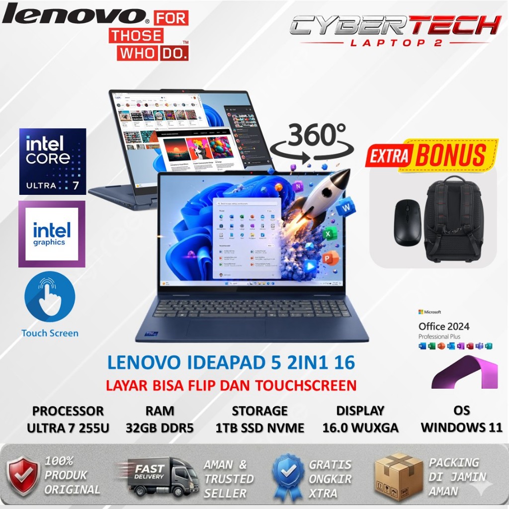 Laptop Touchscreen Lenovo Ideapad 5 2in1 Intel Ultra 7 255U 32GB SSD 2TB FHD+ IPS BL WIN11 Terbaru