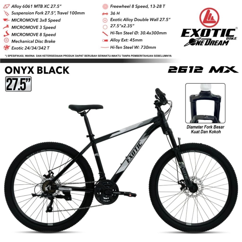 Sepeda Gunung Dewasa MTB 27,5 Inch EXOTIC 2612 MX Alloy 3x8 Speed (Fork Besar) Discbrake Suspension