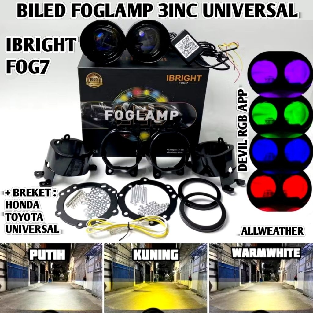 SEPASANG BILED FOGLAMP IBRIGHT FOG 7 DEVIL RGB APP FOGLAMP 3 INCH 3 WARNA PNP HONDA & TOYOTA  + BREK