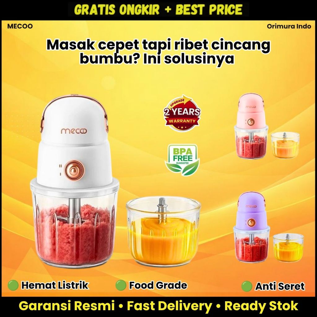 Blender Mini Chopper Mecoo 2in1 300/600ml – Giling Bumbu & Daging Cepat Halus | Food Processor Promo