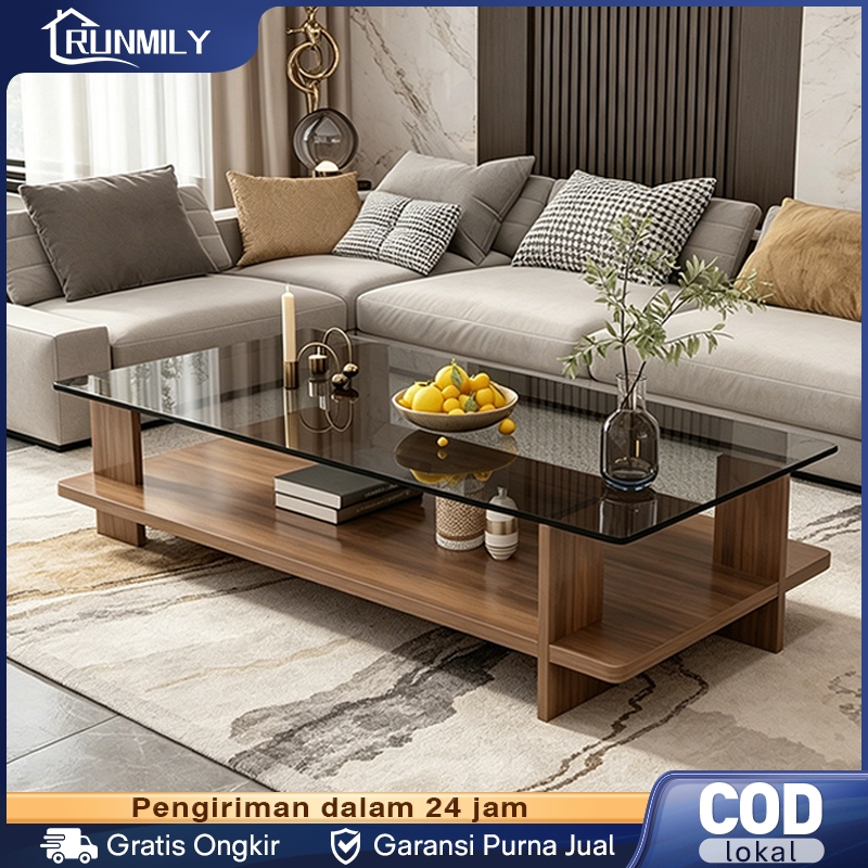 Meja Tamu Kaca Tempered +Kayu Minimalis Coffee Table 2 Tingkat  Aesthetic Meja Kopi Meja Tv Meja Tam
