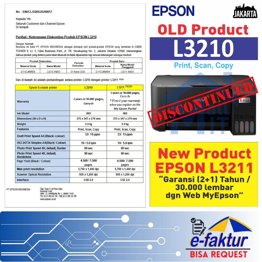 MALLIT EPSON Printer Epson L3210 L-3210 L 3210 L3211 L-3211 L 3211 3 IN 1 Pengganti Epson L3110 Prin