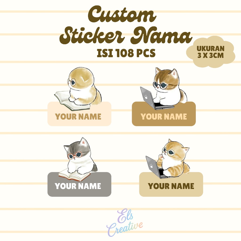 Stiker Label Nama Anak Custom Sticker Kucing Cat Jepang Japan Edition Premium Quality Print Mofu Mof