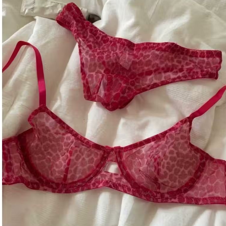 Leopard Bra Set Setelan BH Kawat + CD Transparan Sexy Hot Thong Motif Macan Pink Tutul Fashion Bikin