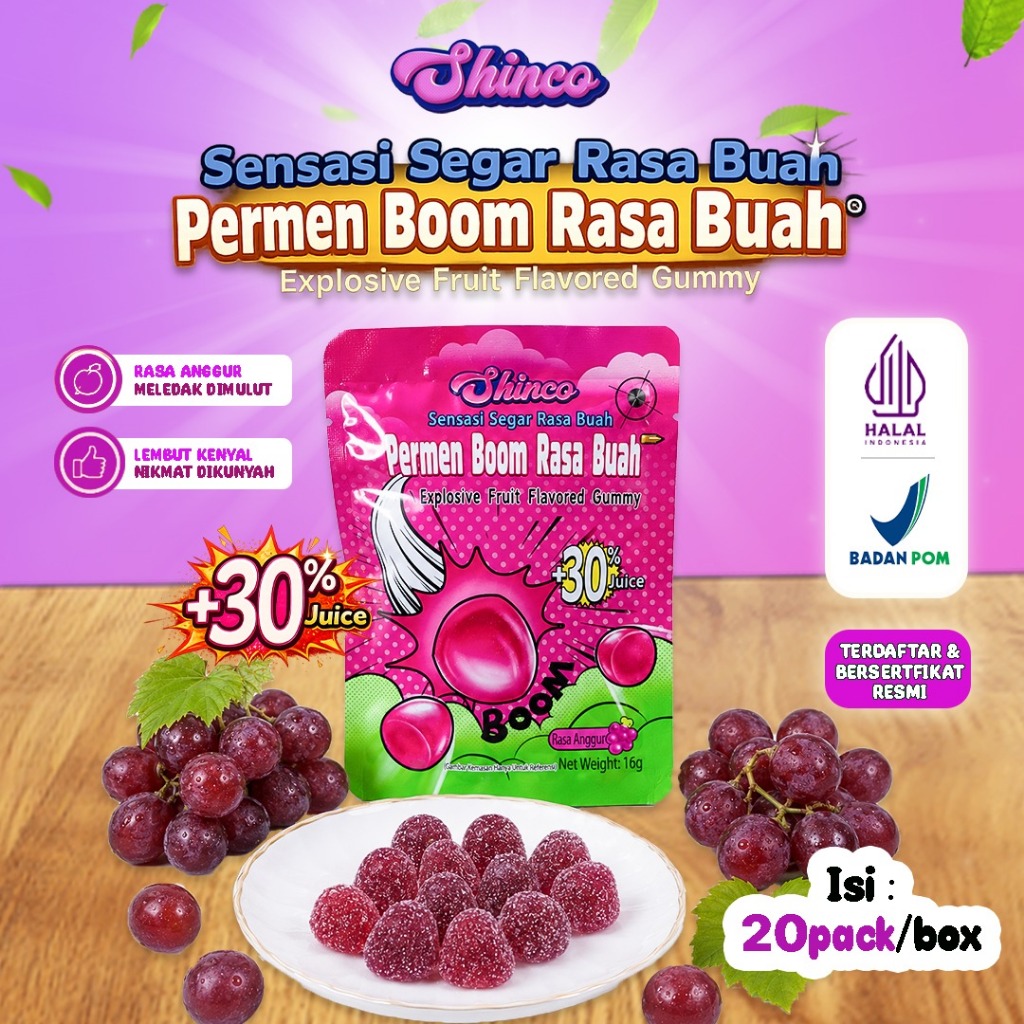 [HALAL] Permen Boom 30% Jus Permen Rasa Buah Anggur 1 Box Isi 20 Pcs Candy Cemilan Anak Snack Manis 