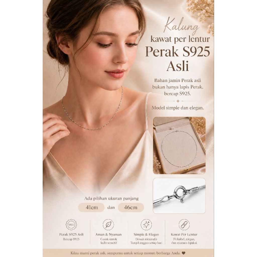 Kalung coker kawat per lentur wanita perak S925 Asli anti karat Non alergi sudah dilapis Rhodium